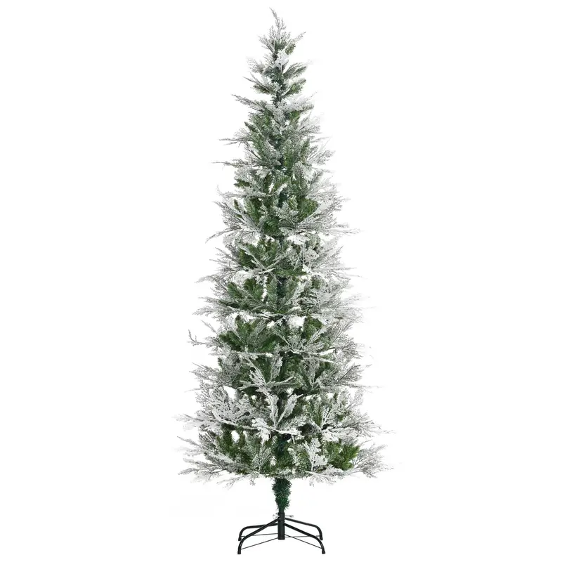Homcom 7-Foot Pencil-Style Artificial Christmas Tree – Snow-Flocked Cypress Branches, Auto-Open Design – Green 1