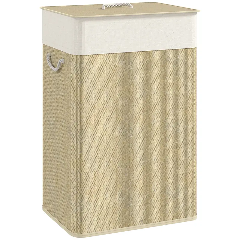 Homcom 72L Bamboo Laundry Hamper With Lid & Washable Liner – Rope Handles, Nature Wood Tone 1