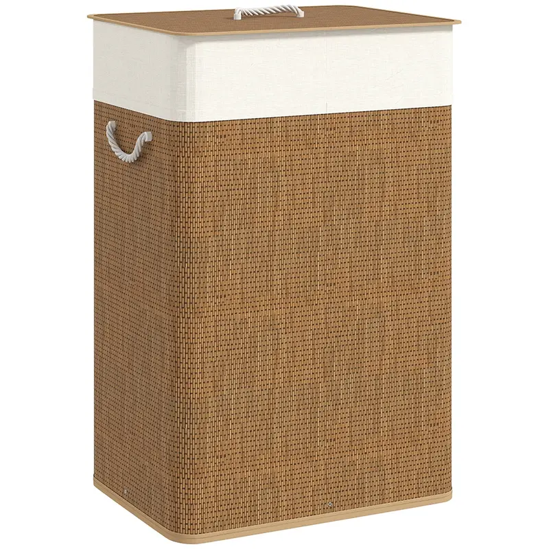 Homcom 72L Bamboo Laundry Hamper With Lid & Washable Liner – Rope Handles, Warm Brown Tone 1