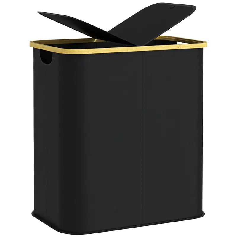 Homcom 80L Collapsible Double Laundry Basket – Black Hamper With Lid & Grooved Handles For Bedroom Or Laundry Room 1