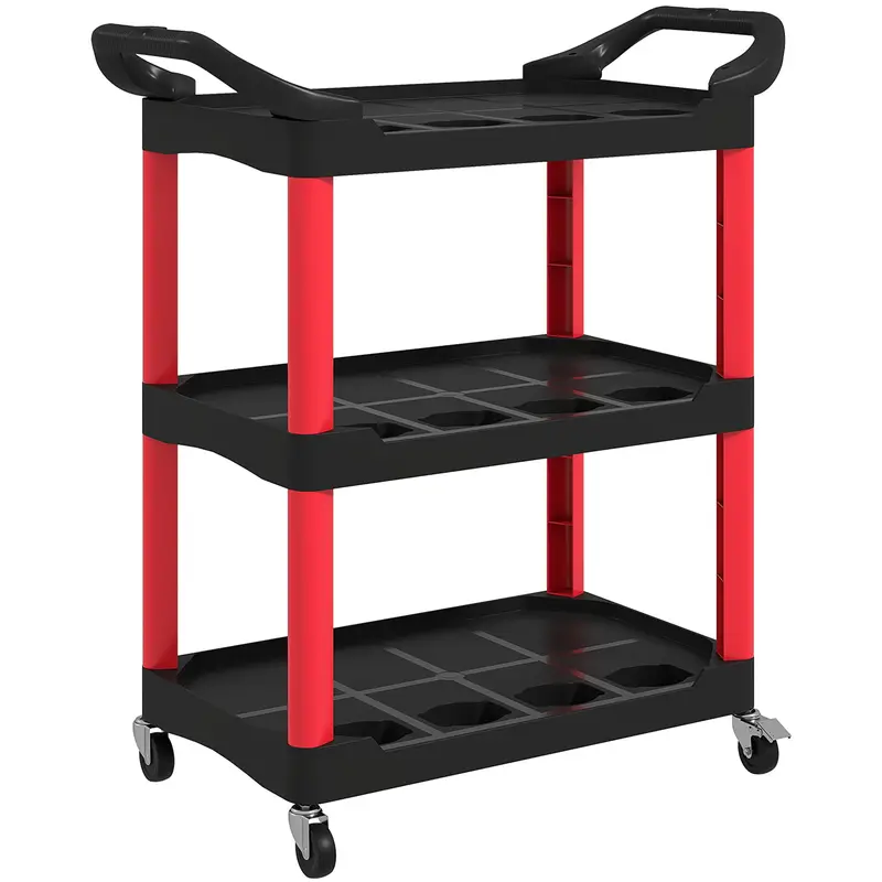 Homcom 91 Kg Mobile Tool Cart – 3-Tier Rolling Service Trolley With Handles, Black & Red 1