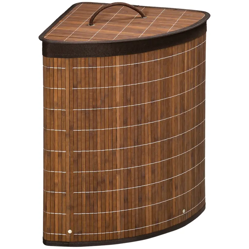 Homcom Bamboo Corner Laundry Basket – 55L Hamper With Lid, Washable Liner & Foldable Design (Brown) 1