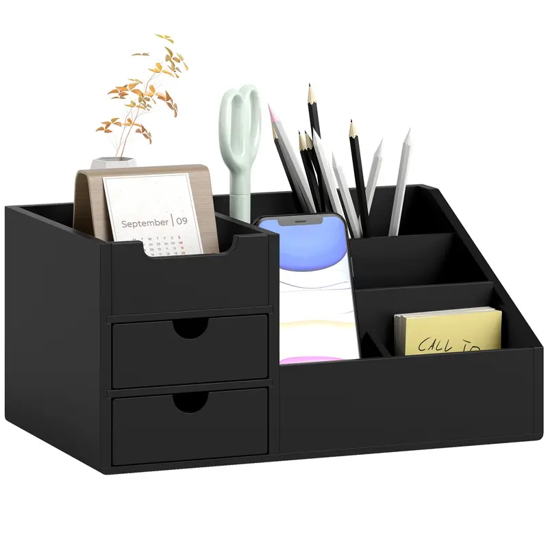 Homcom Bamboo Desk Organizer With 7 Compartments And 2 Drawers – Multi-Functional Office Supply Caddy, Black 1