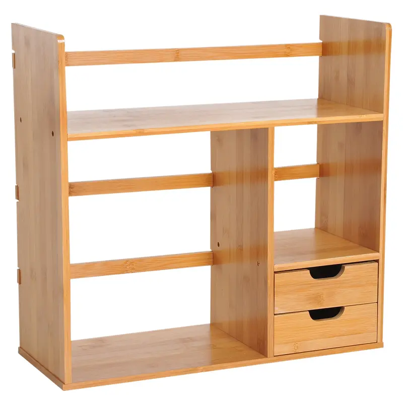 Homcom Bamboo Desktop Organizer With Dual Drawers And Reversible Bookshelf For Stationery & Documents 1
