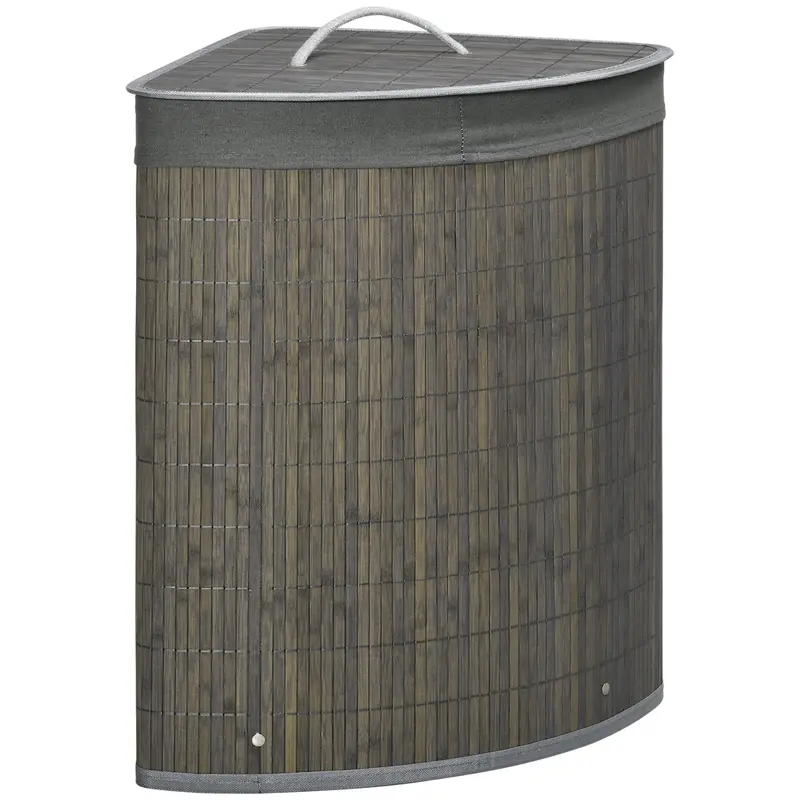 Homcom Bamboo Laundry Basket – 55L Corner Hamper With Lid & Washable Liner, Grey (38X38X57 Cm) 1