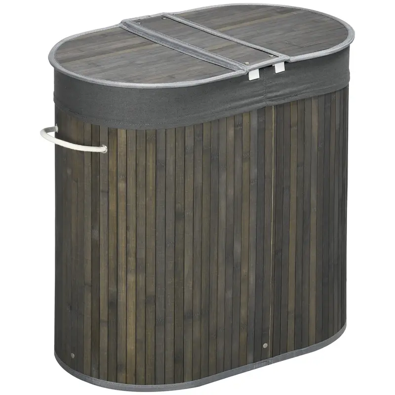 Homcom Bamboo Laundry Basket With Lid – 100L Dual-Compartment Hamper, Grey, Washable Liner 1