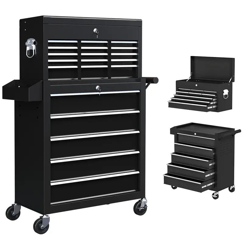 Homcom Black 14-Drawer Rolling Tool Chest – Heavy-Duty Two-Part Workshop Storage Cabinet On Casters 1