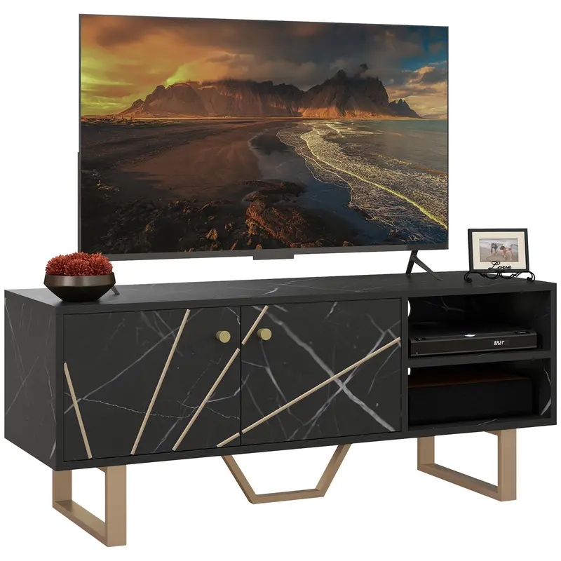 Homcom Black Marble-Tone Tv Stand For Screens Up To 50 Inches – Compact Living Room Media Unit 1