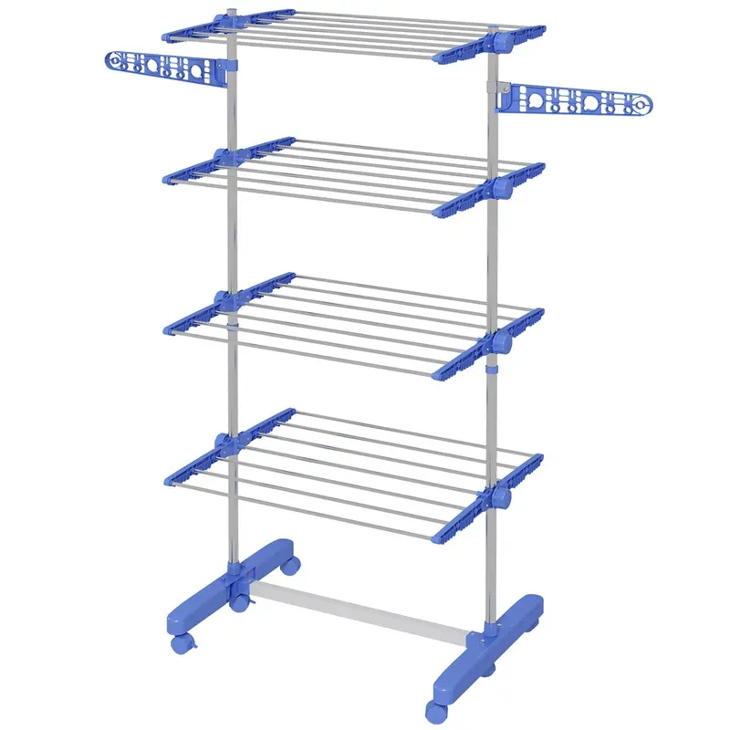 Homcom Blue 4-Shelf Folding Clothes Horse – Wheeled Garment Stand With Side Arms 1