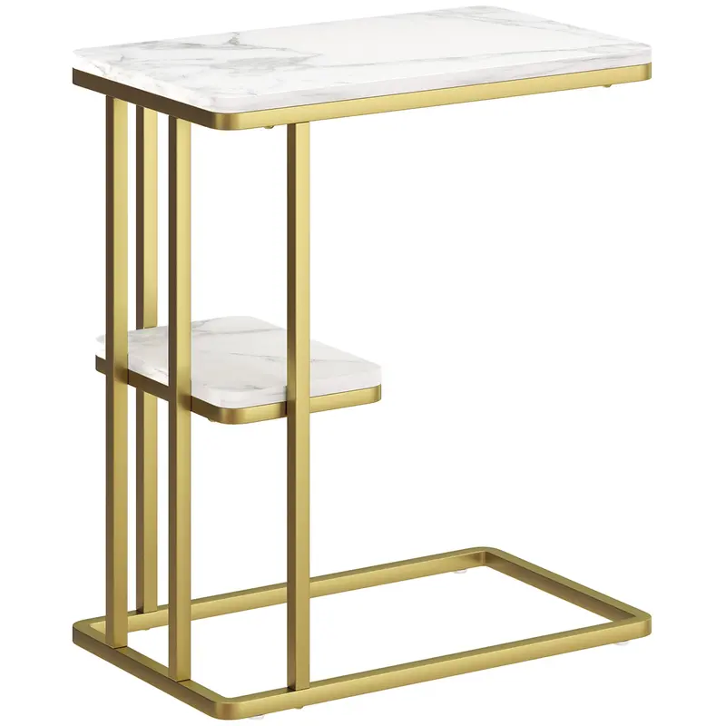 Homcom C-Shaped 2-Tier Side Table In White Marble Finish, Space-Saving Nightstand For Bedrooms Or Lounges 1