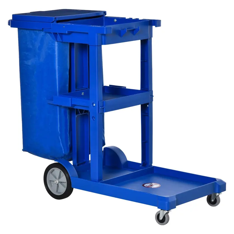 Homcom Cleaning Supply Trolley – Janitor Cart With Bin, Shelves & Hooks For Commercial Or Home Use, Blue 1