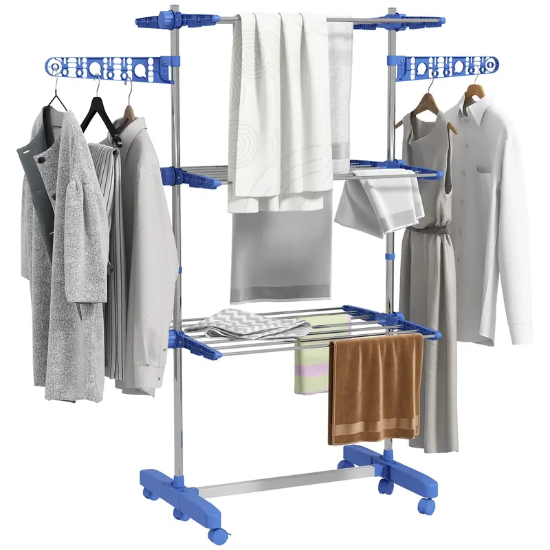 Homcom Collapsible Clothes Drying Horse – 3-Tier Rolling Laundry Rack With Side Arms, Blue 1