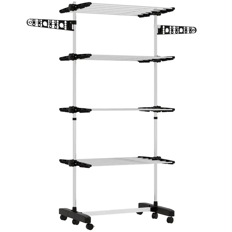 Homcom Collapsible Clothes Horse With Side Arms, Wheels & Foldable Design – Black 1