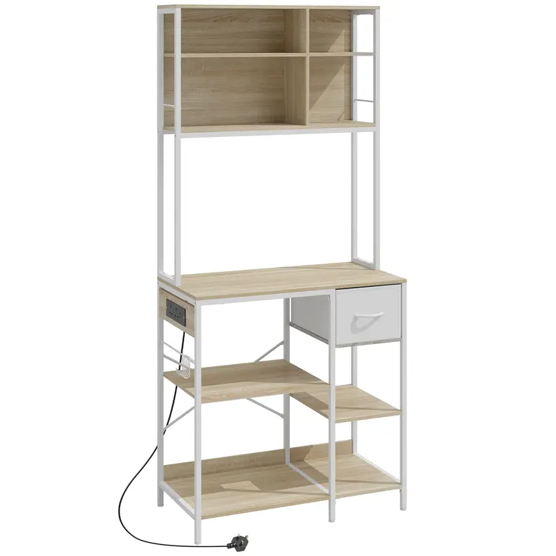 Homcom Compact Kitchen Baker’S Rack With Microwave Shelf, Storage Compartments, And Six Hooks 1