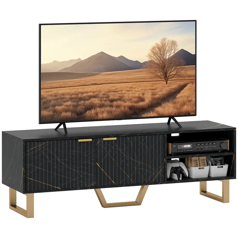 Homcom Fluted Marble-Effect Tv Stand – Modern 70-Inch Compatible Cabinet With Shelves, Concealed Storage, Cable Management & Reinforced Centre Leg, Black 1