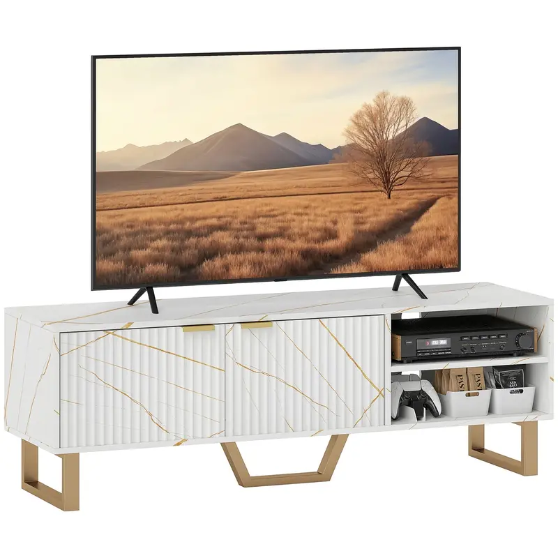 Homcom Fluted Marble-Effect Tv Stand – Modern 70-Inch Compatible Cabinet With Shelves, Concealed Storage, Cable Management & Reinforced Centre Leg, White 1