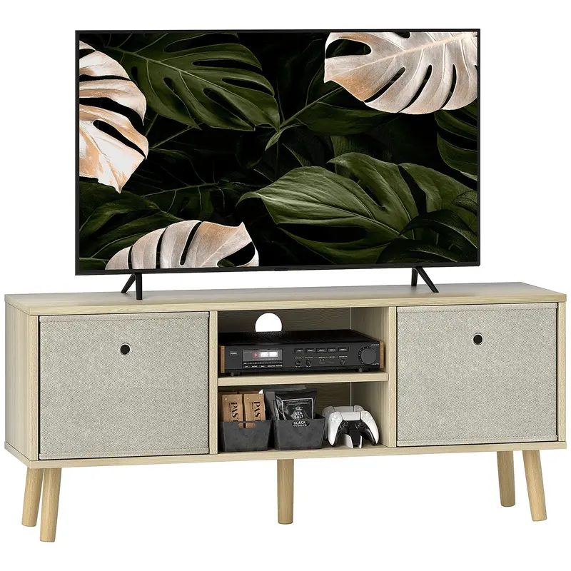 Homcom Foldable Tv Stand For 50" Screens – Compact Entertainment Unit With Drawers – Natural Wood Effect 1