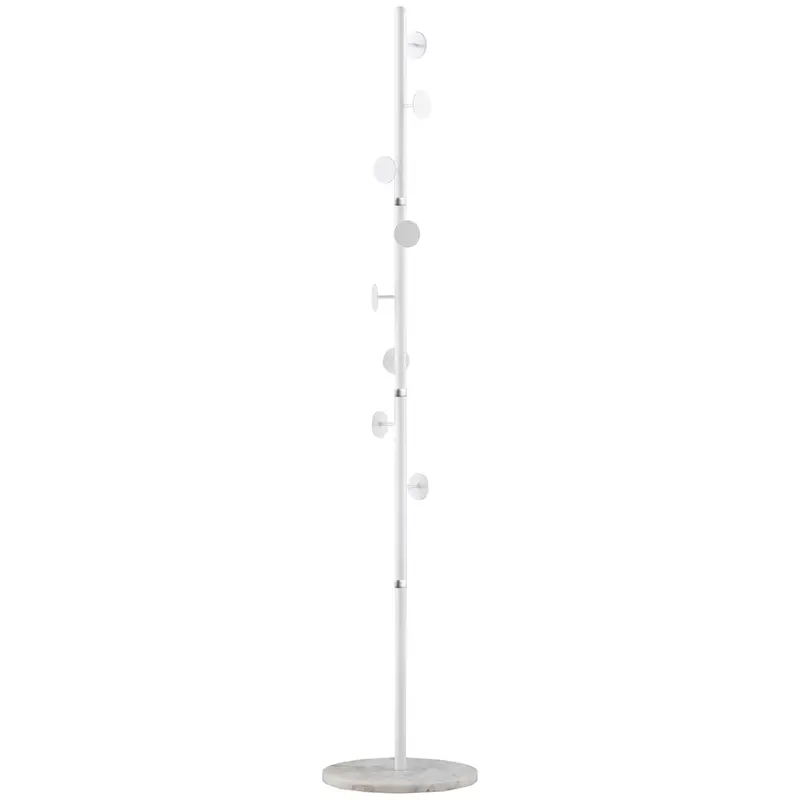 Homcom Freestanding Hall Tree – 8-Disc Hook Coat Rack With Marble Base, Steel Entryway Organizer, White 1
