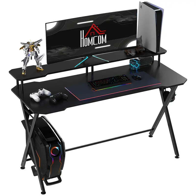 Homcom Gaming Desk – 140 X 60 Cm Racing-Style Workstation With Headphone Hook, Curved Front & Leveling Feet 1