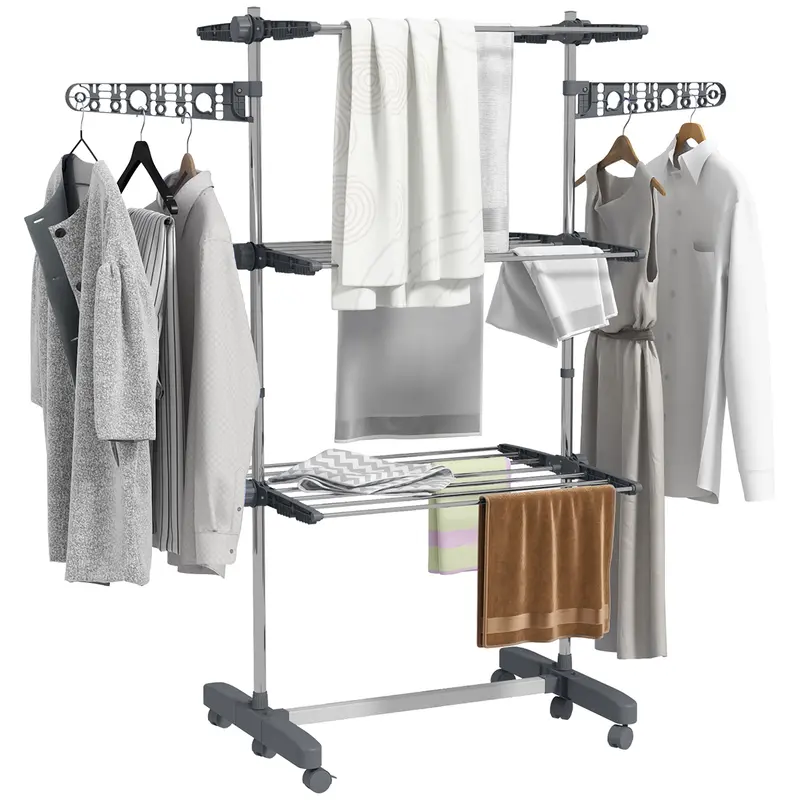 Homcom Grey 3-Shelf Collapsible Clothes Horse – Compact Rolling Drying Rack With Side Arms 1