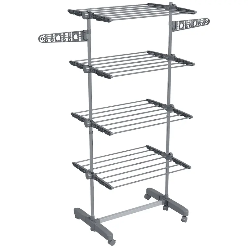 Homcom Grey 4-Shelf Collapsible Clothes Horse – Rolling Garment Rack With Side Arms 1