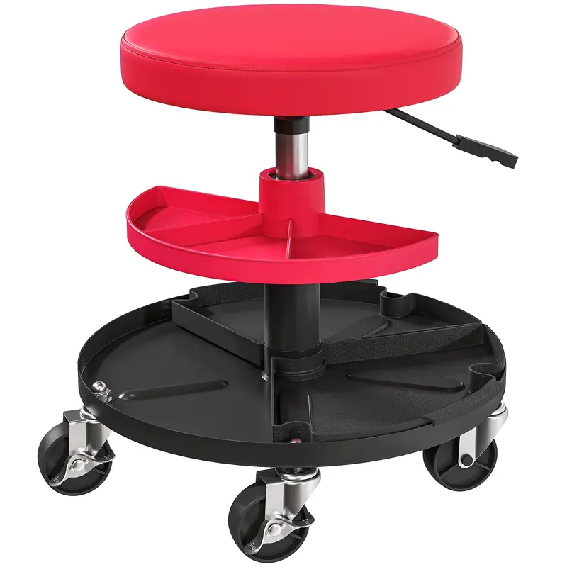 Homcom Heavy-Duty Rolling Mechanic Stool – 135 Kg Capacity, Padded Swivel Creeper With Tool Trays, Red 1