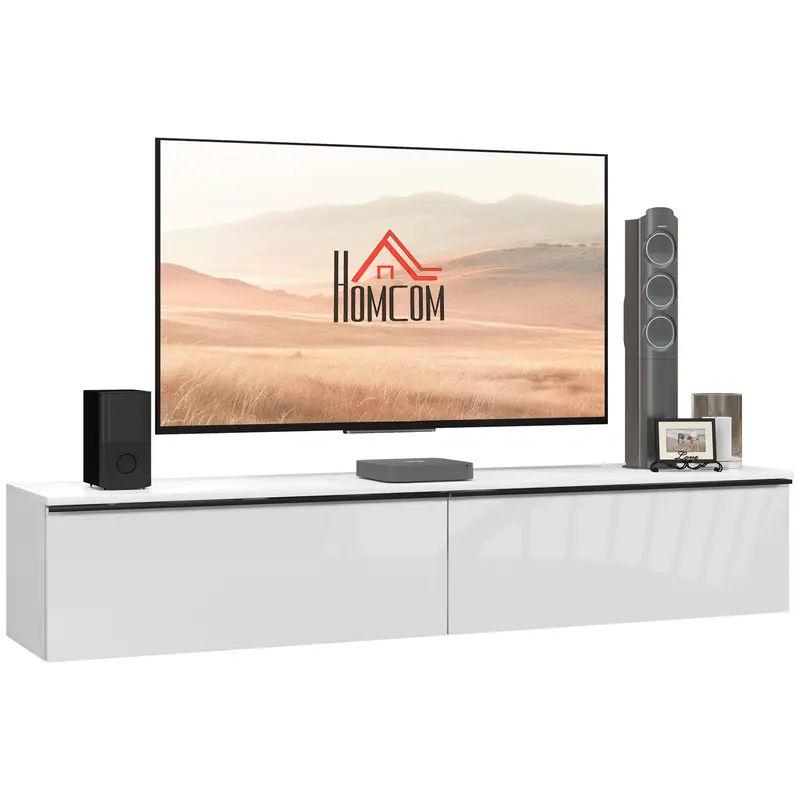 Homcom High-Gloss Floating Tv Stand – Wall-Mounted Media Unit For Up To 70" Screens – White 1