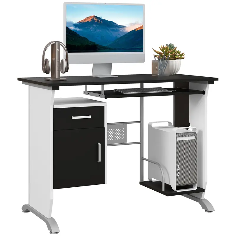 Homcom Home Office Desk With Sliding Keyboard Tray, Storage Drawers, And Media Shelf – Black 1