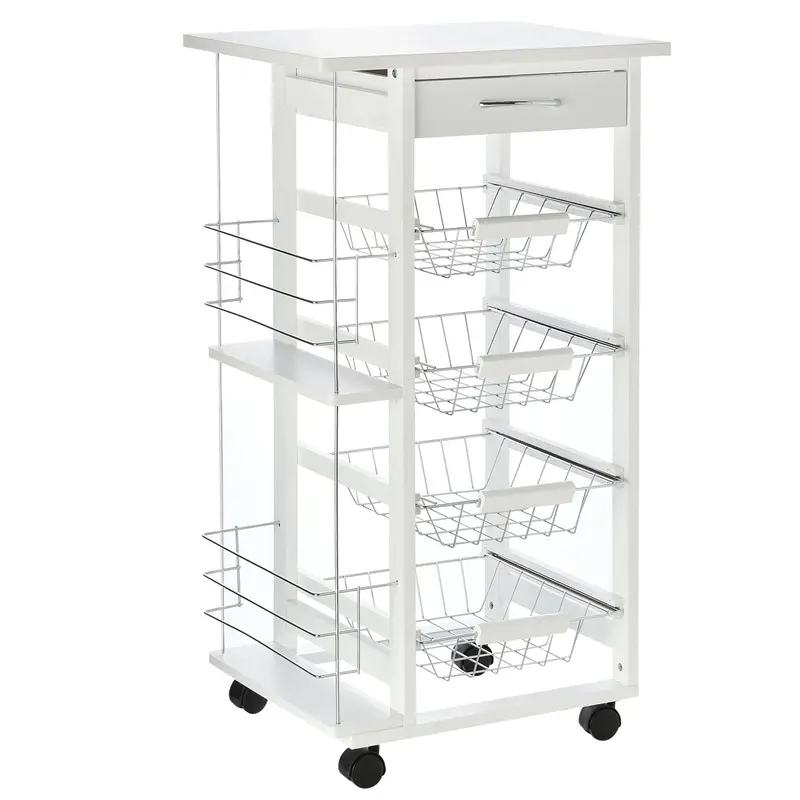 Homcom Mobile Kitchen Utility Cart With 4 Woven Baskets & Side Racks – Rolling White Storage Trolley For Dining Or Prep Areas 1