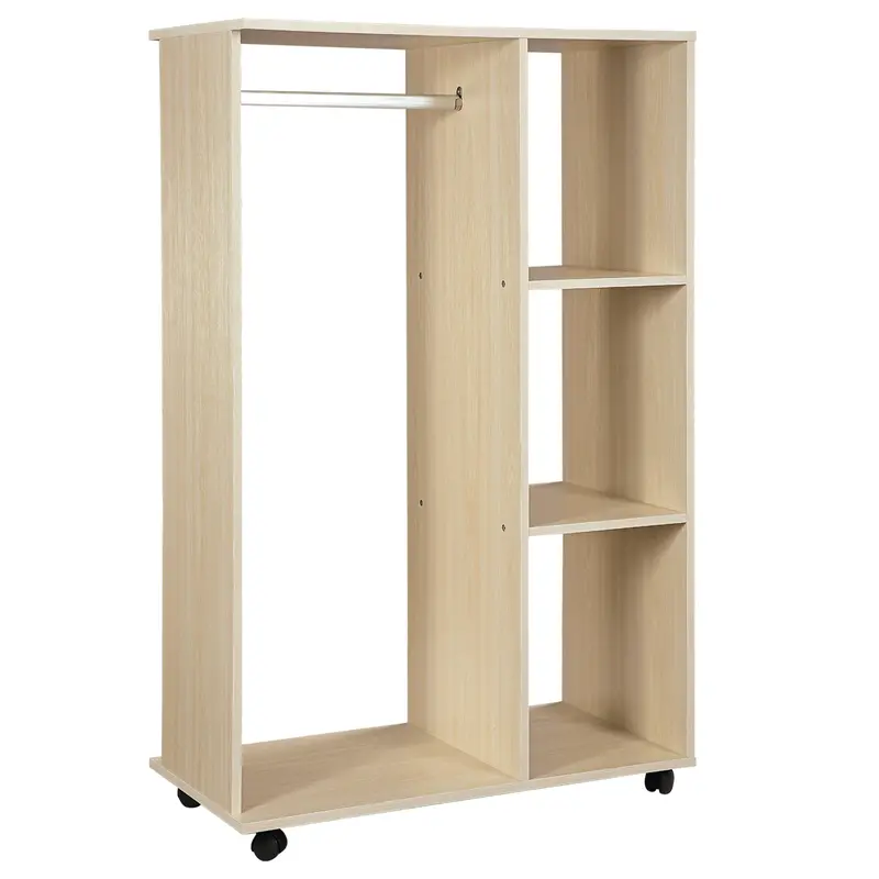 Homcom Mobile Open Wardrobe – Rolling Garment Rack With Hanging Rail & Shelves, Maple Finish 1