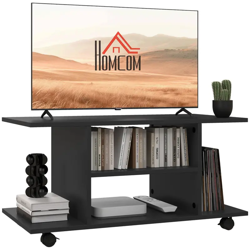 Homcom Mobile Tv Stand – Modern Black Bookshelf Cabinet With Open Storage & Casters For Living Room Or Bedroom 1