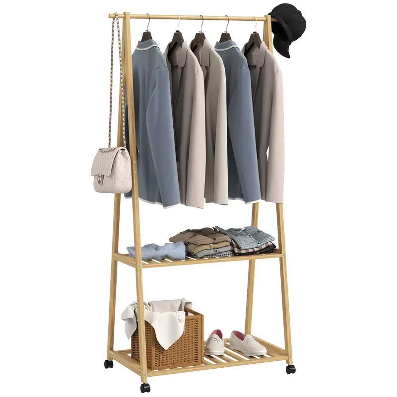 Homcom Natural Bamboo Clothes Drying Rack With Shelves & Hooks 1