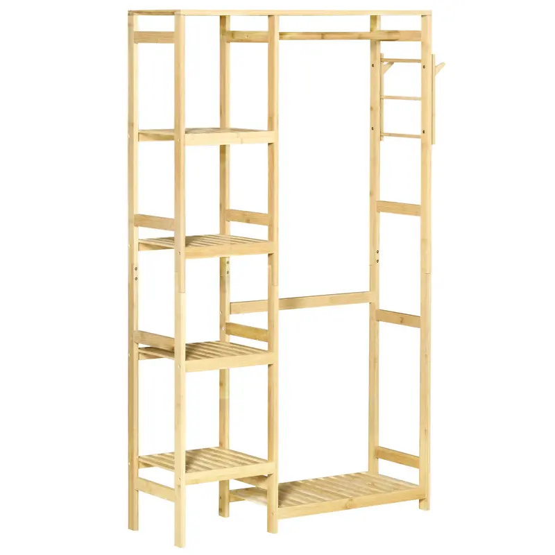 Homcom Natural Bamboo Garment Rack – Freestanding Clothes Organizer With Hanging Rail, Shelf, And Side Hooks 1