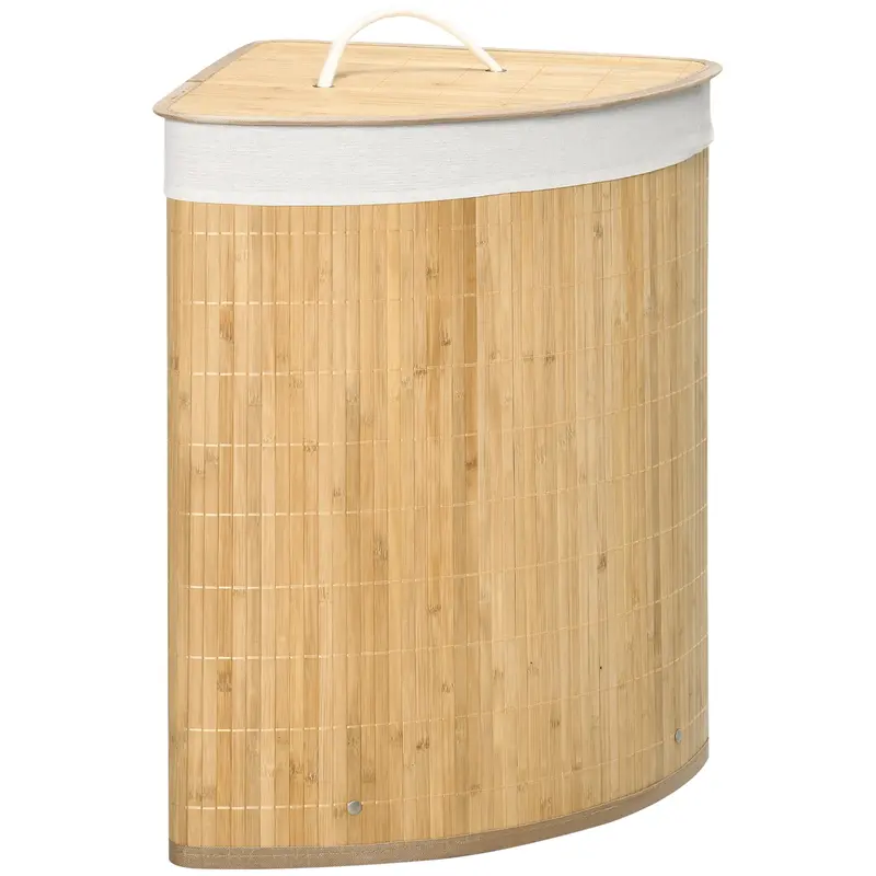Homcom Natural Bamboo Laundry Basket – 55L Corner Hamper With Lid And Removable Washable Liner (38X38X57 Cm) 1
