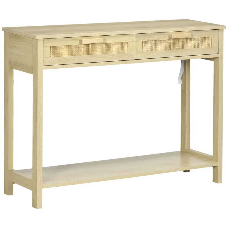 Homcom Natural-Finish Console Table – Slim Hallway Sofa Side Desk With Drawer & Open Shelf For Entryway Or Bedroom 1