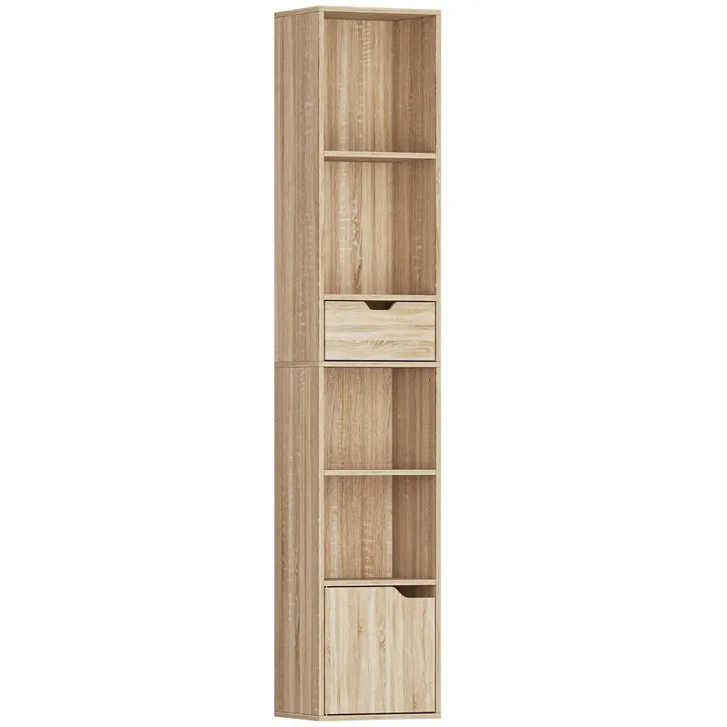 Homcom Natural Wood-Finish 6-Tier Bookshelf – Slim Vertical Storage Unit With Drawer And Door 1