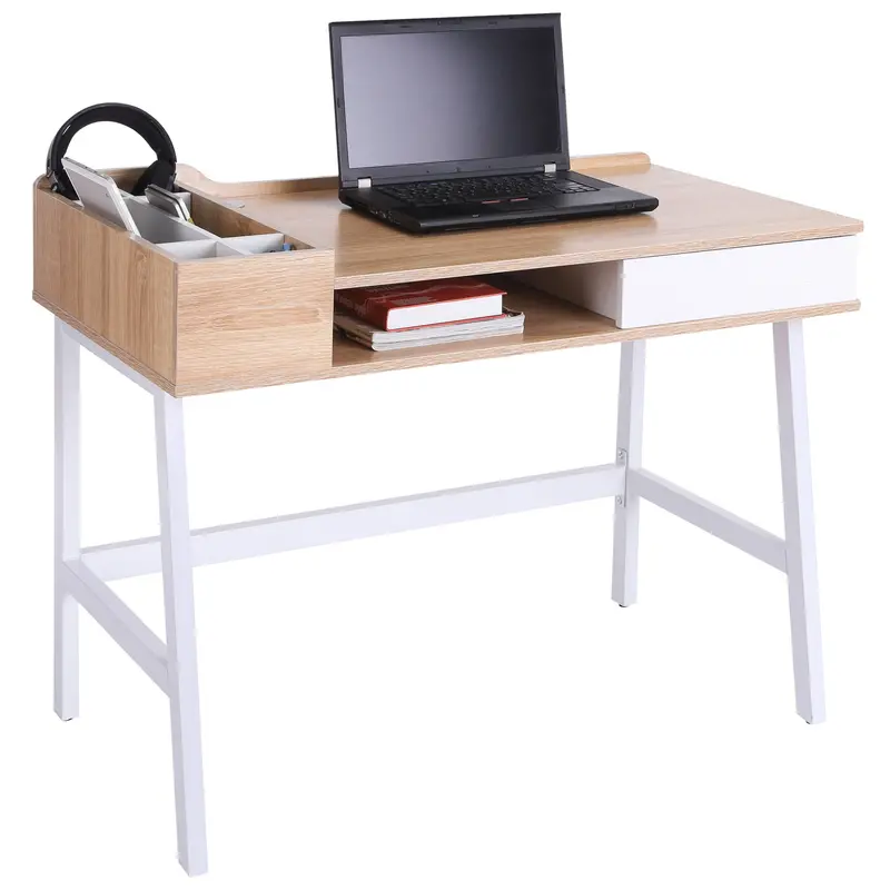 Homcom Oak-And-White Computer Desk – Compact Study Table With Drawer, Cable Management & Shelf 1