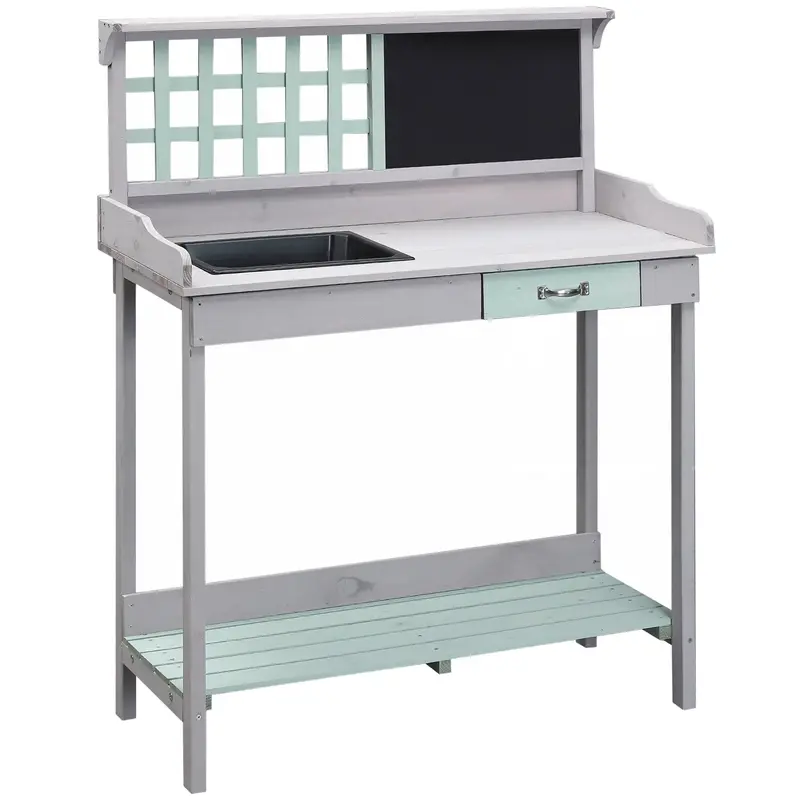 Homcom Outdoor Potting Table With Sink, Chalkboard Panel & Storage Drawer – Wooden Garden Workstation 1