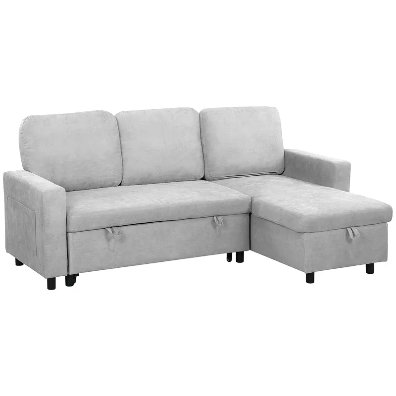 Homcom Pull-Out Sofa Bed With Integrated Storage – Light Grey Fabric 1