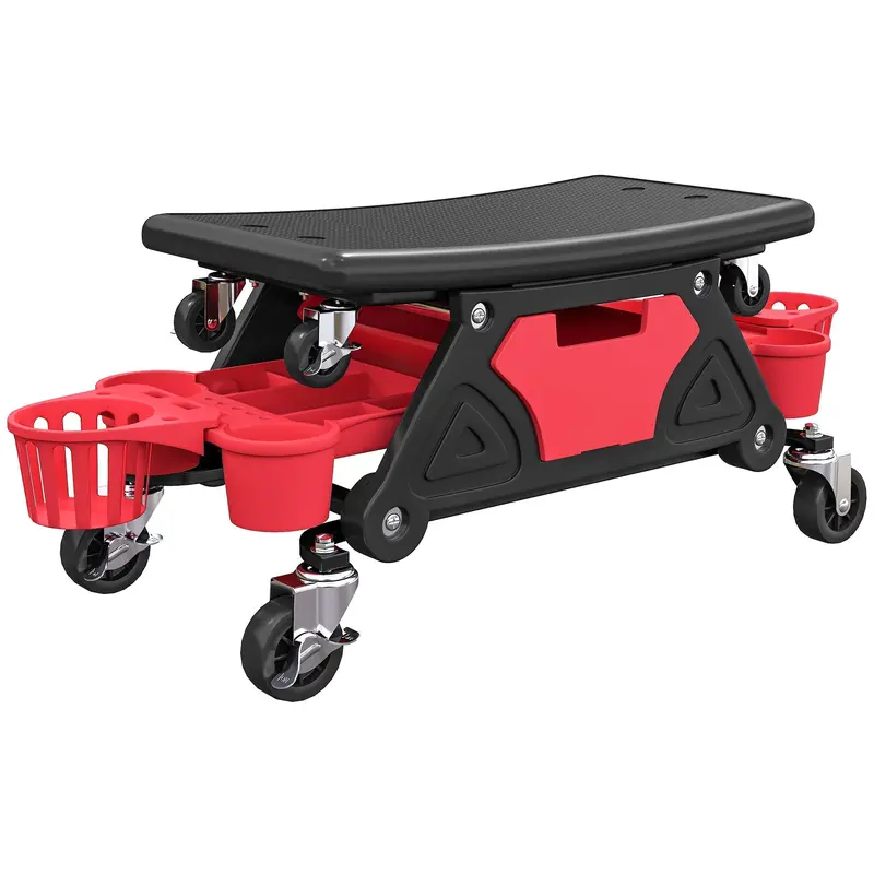 Homcom Red Rolling Mechanic Stool – 135Kg Capacity Creeper Seat With Swivel Casters, Slide-Out Tool Trays & Bottle Holders 1