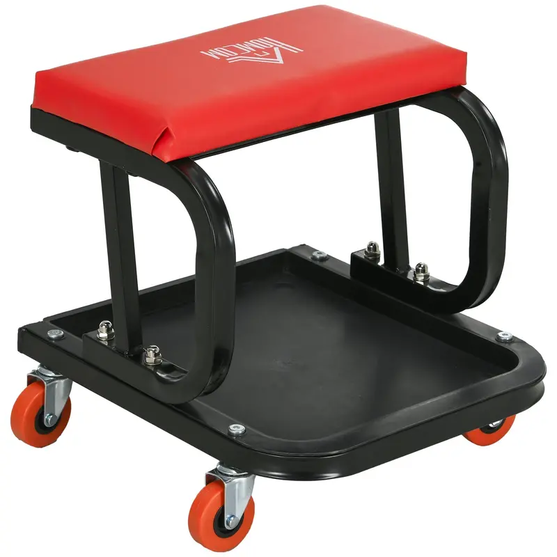 Homcom Rolling Workshop Stool – Swivel Seat With Tool Tray, Padded Cushion, And Red Accents 1