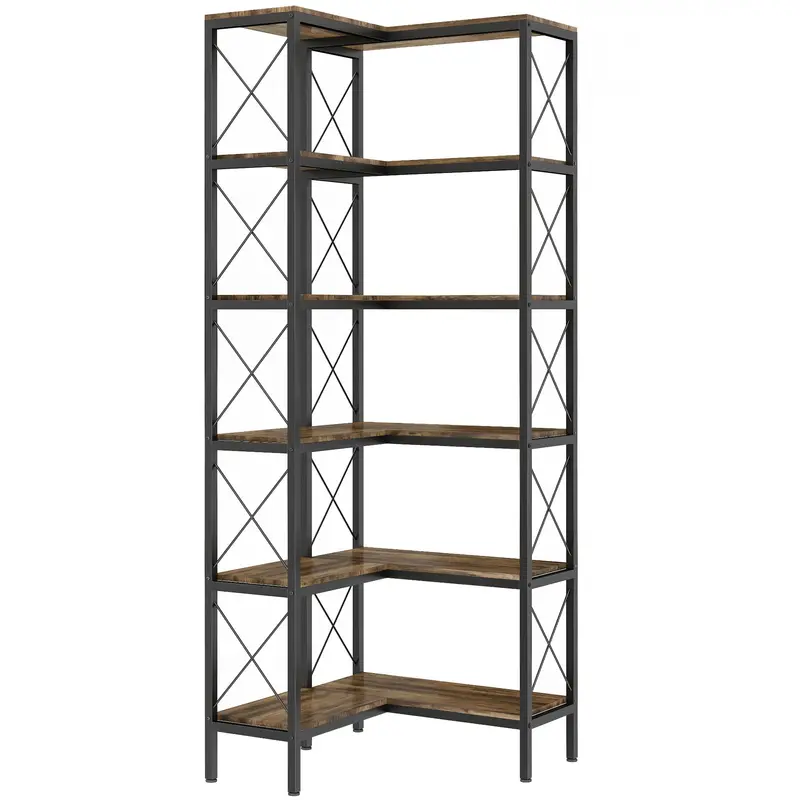 Homcom Rustic Brown L-Shaped 5-Tier Freestanding Corner Bookshelf With Metal Frame 1