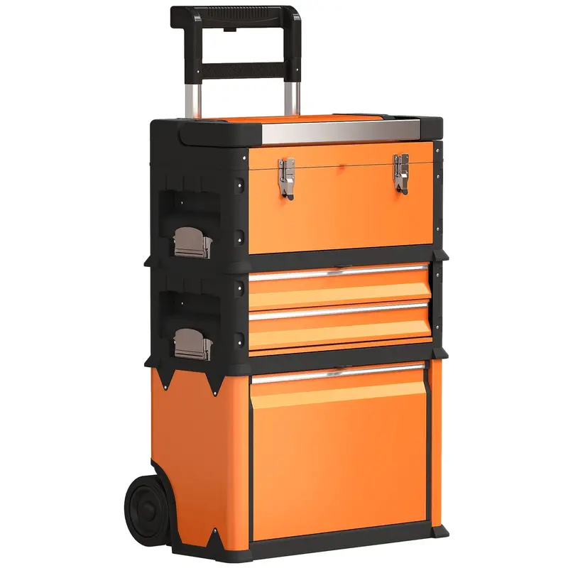 Homcom Stackable 3-In-1 Rolling Tool Cart – Orange 1
