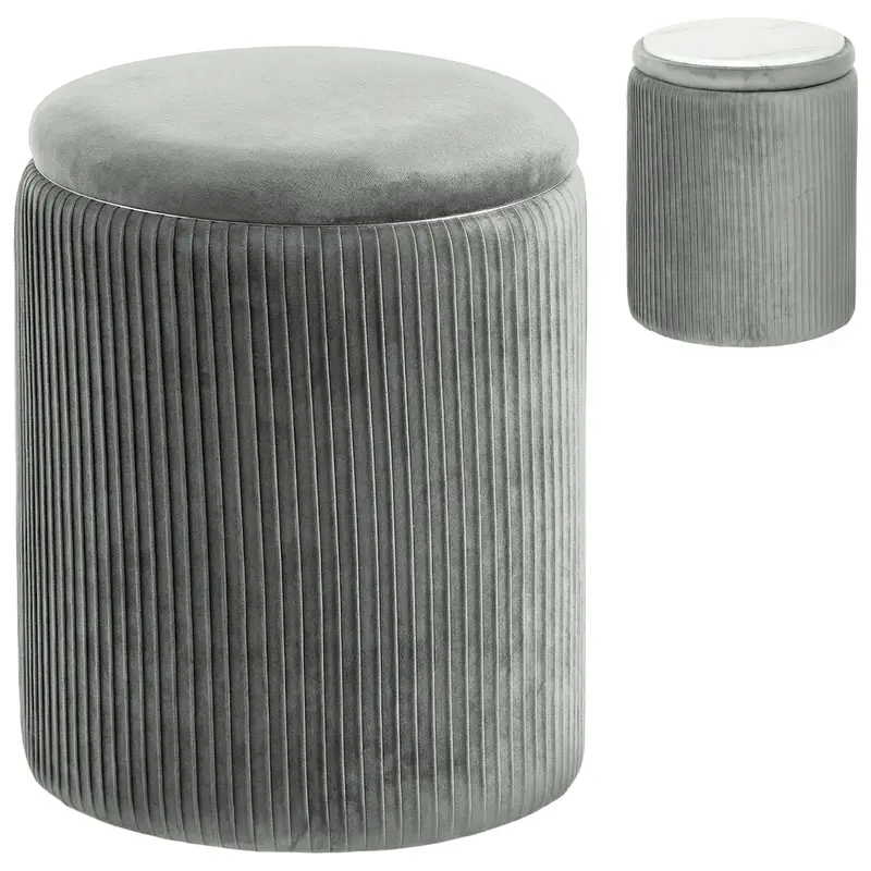 Homcom Velvet Storage Ottoman – Round 45 Cm Footstool With Hidden Compartment, Grey 1