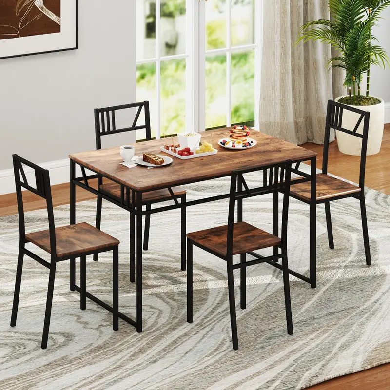 Industrial Kitchen Dining Set: Wooden-Effect Table + 4 Metal-Framed Chairs 1