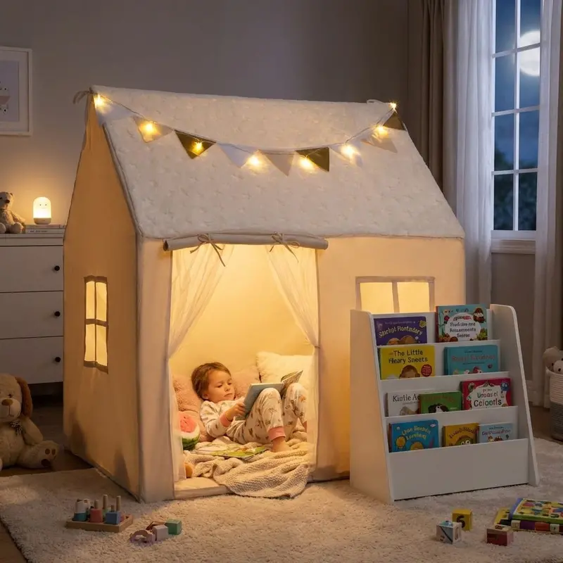 Kids’ Bookshelf And Playhouse Combo With Glow-In-The-Dark Star Accents 1