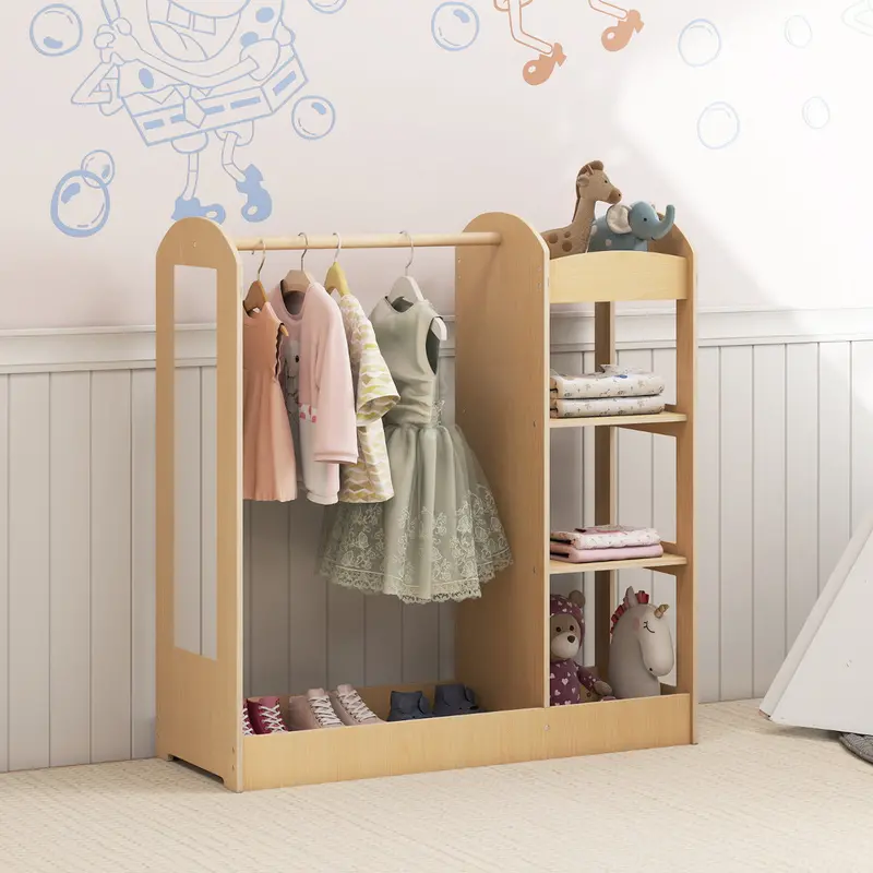 Kids’ Dress-Up Station With Full-Length Mirror & Storage – Natural Wood 1