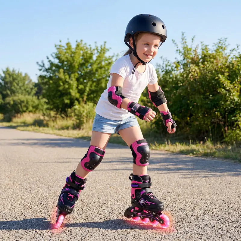 Kids’ Led Inline Skates – Light-Up 4-Wheel Roller Skates With Safety Gear (Pink, Ages 5–7) 1