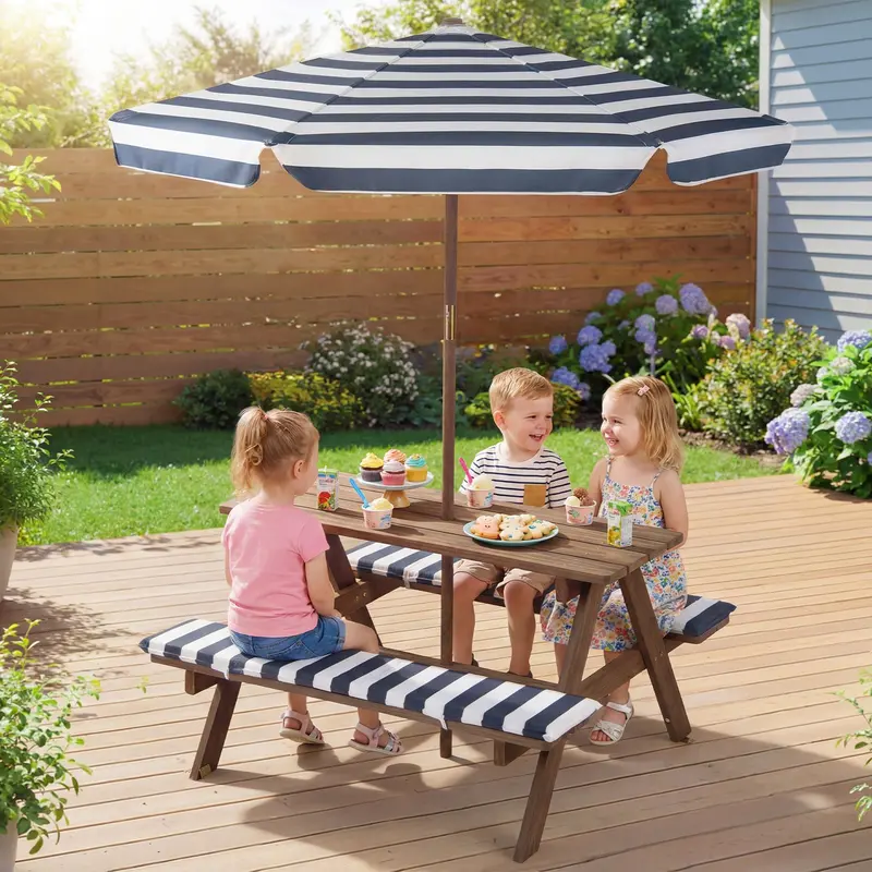 Kids Outdoor Picnic Table With Integrated Benches – Fir Wood, Navy Finish 1