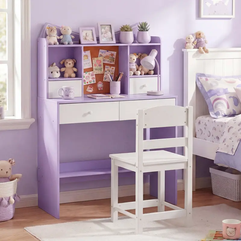 Kids Study Desk And Chair Set With Open Shelving & Cork Bulletin Board – Lavender Purple 1